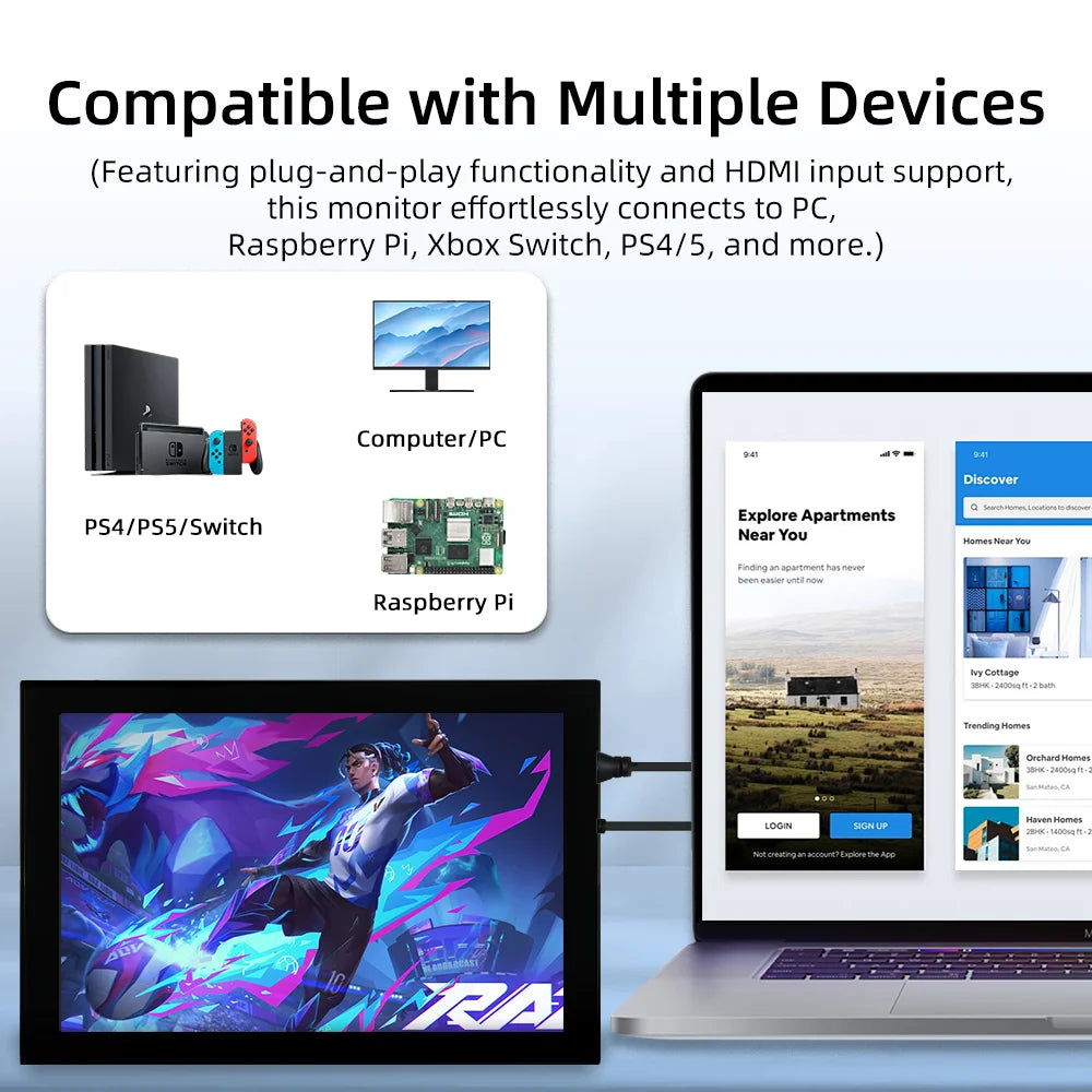 10.1" IPS Touchscreen HDMI Monitor – 1024×600 Display with Adjustable Stand for Raspberry Pi 5, 4B & 3B