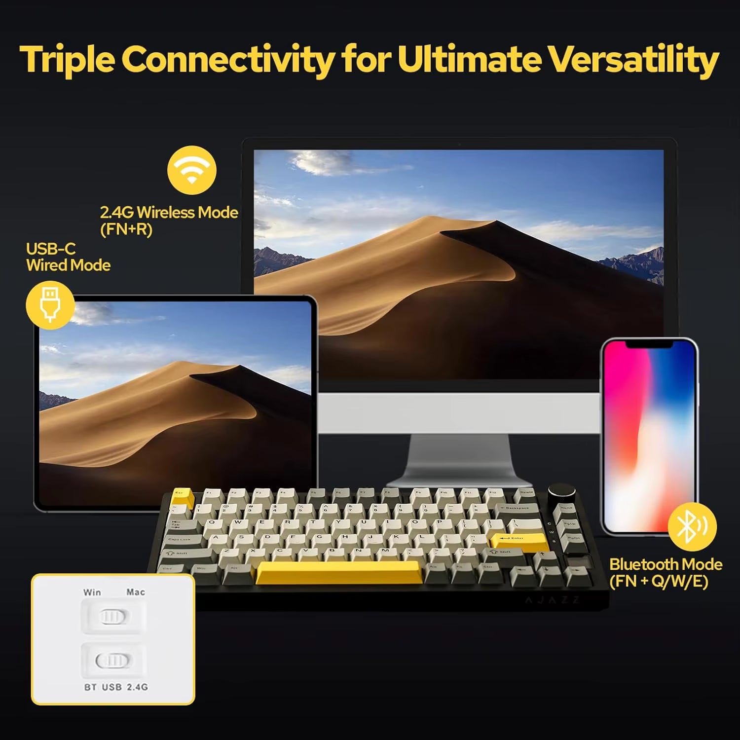 Ak820/Pro Wireless Mechanical Keyboard Bluetooth 5.1 2.4G USB-C Wired Hot Swappable RGB Gaming Keyboard Gasket Mount With