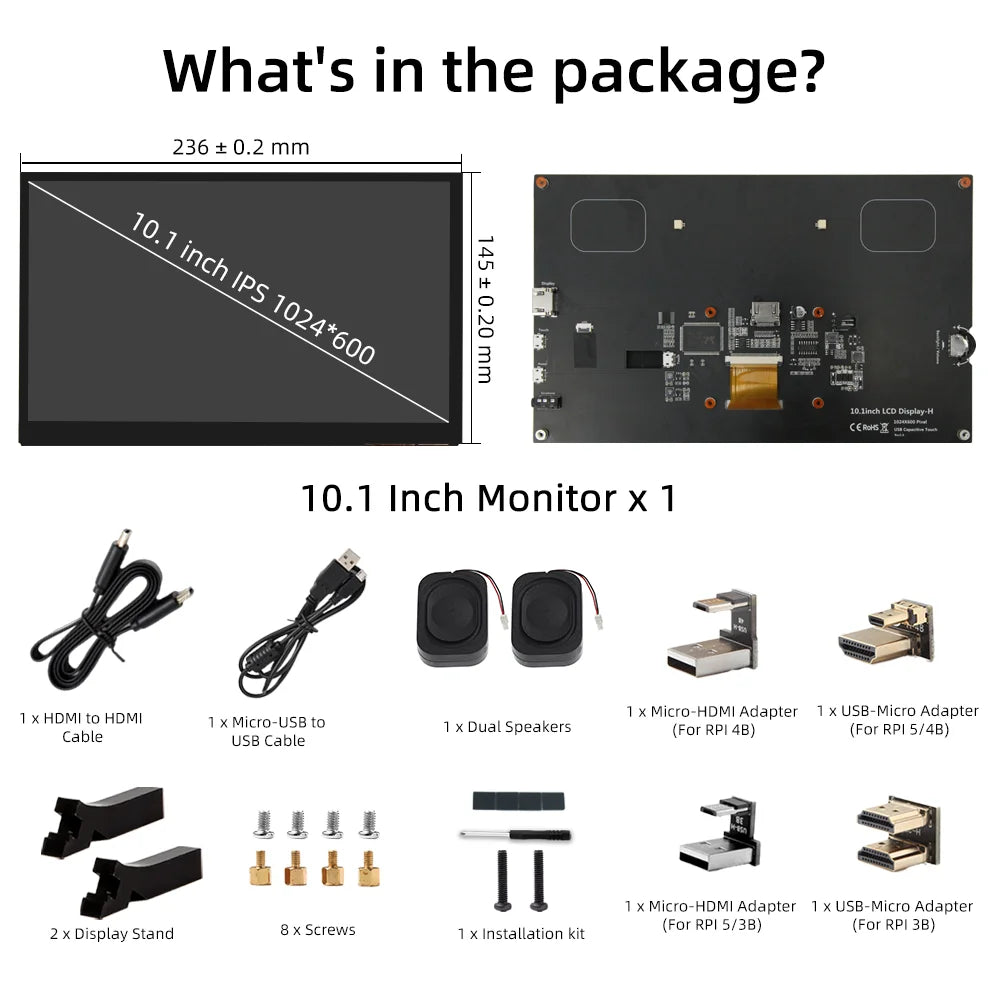 10.1" IPS Touchscreen HDMI Monitor – 1024×600 Display with Adjustable Stand for Raspberry Pi 5, 4B & 3B
