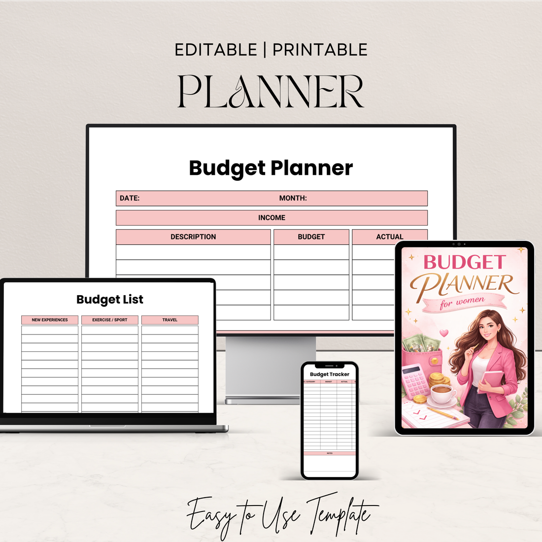 Budget Planner for Women | Monthly, Weekly Finance Organizer (PDF Editable)
