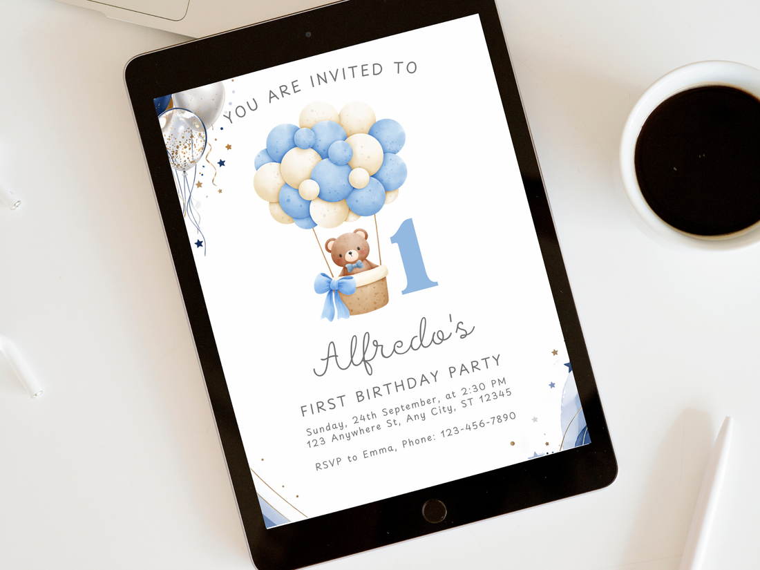 Teddy Bear Hot Air Balloon First Birthday Invitation (Digital Download)