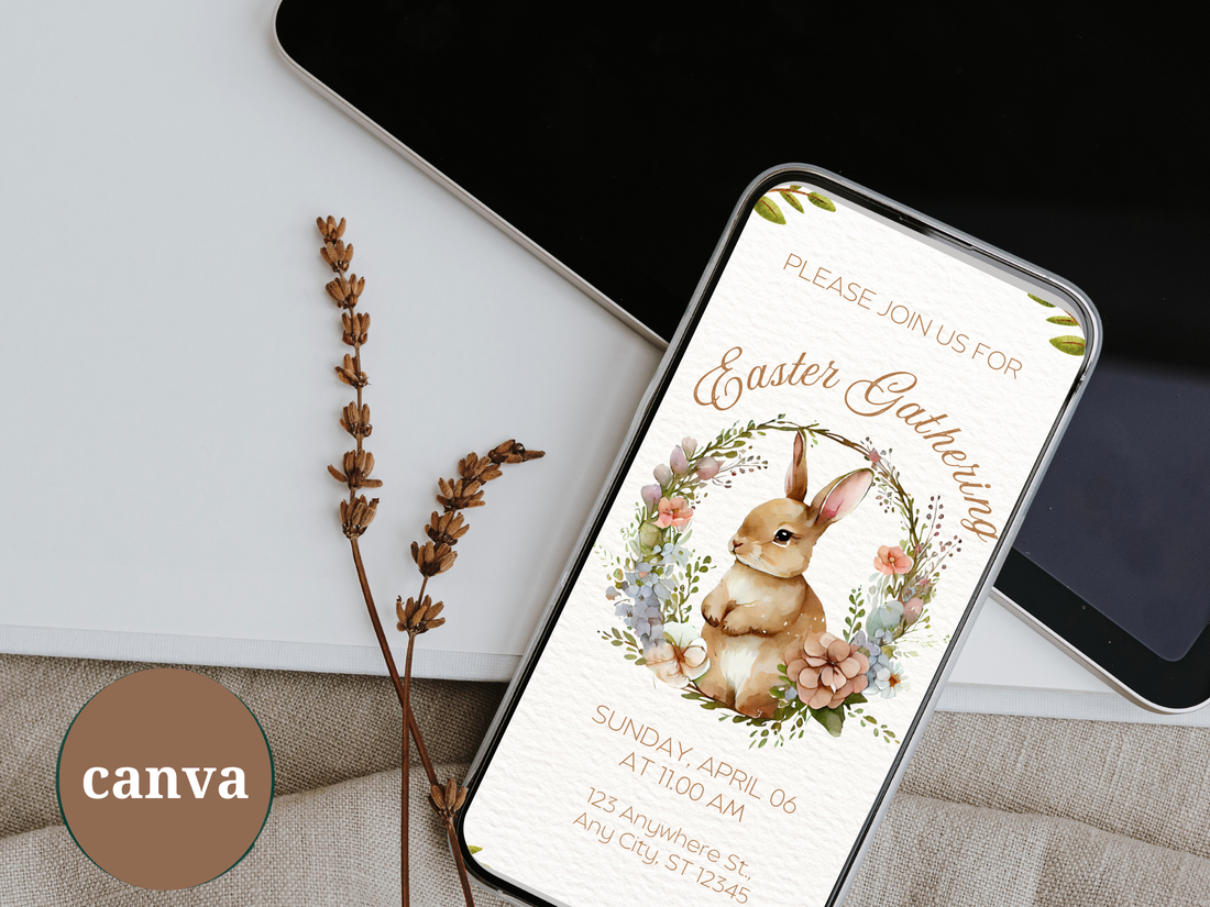 Easter Brunch Invitation, Floral Bunny Gathering, Editable Canva Template (Instant Download)
