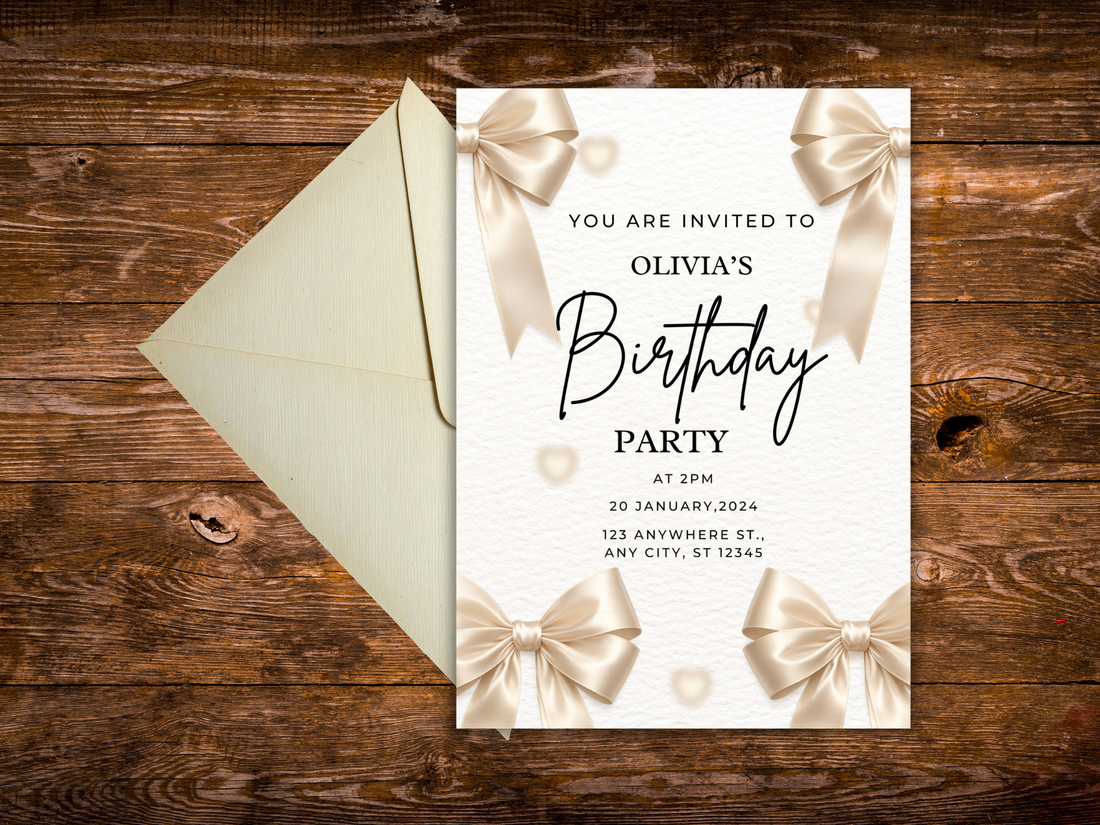 Editable Birthday Invitation, Satin Bow Design, Girls Party Invite (Digital Download)